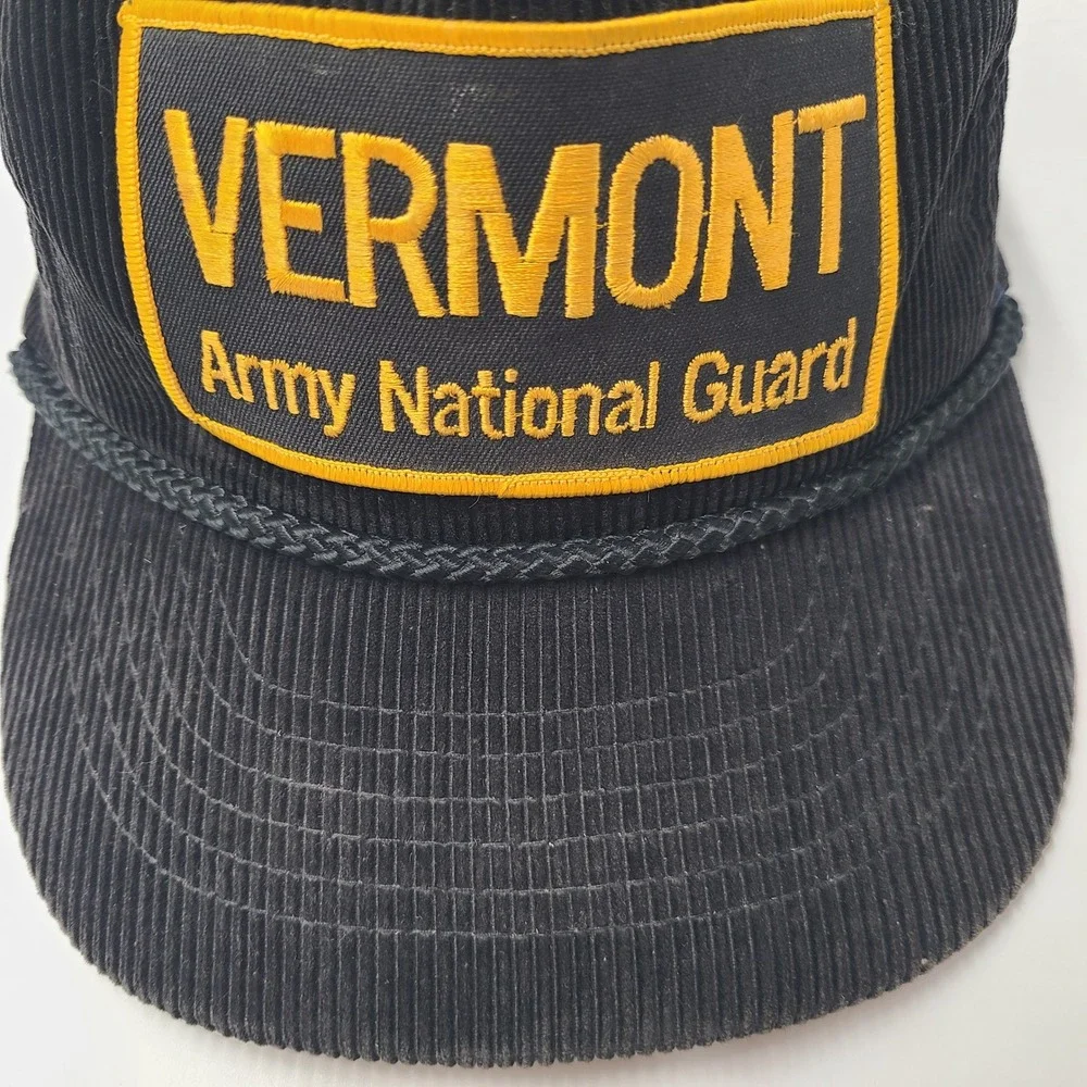 Vintage Vermont Army National Guard Hat Snapback Black Yellow Rope Corduroy Men